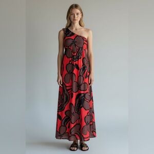 Vintage One Shoulder Maxi Dress Red Brown Floral Cotton Boho Festival Small